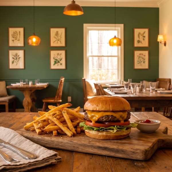Cheeseburger and fries on a wooden board, with a rustic restaurant dining room in the background.