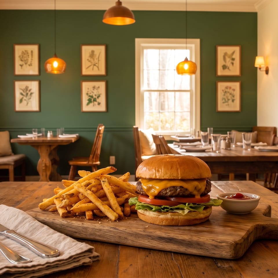Cheeseburger and fries on a wooden board, with a rustic restaurant dining room in the background.