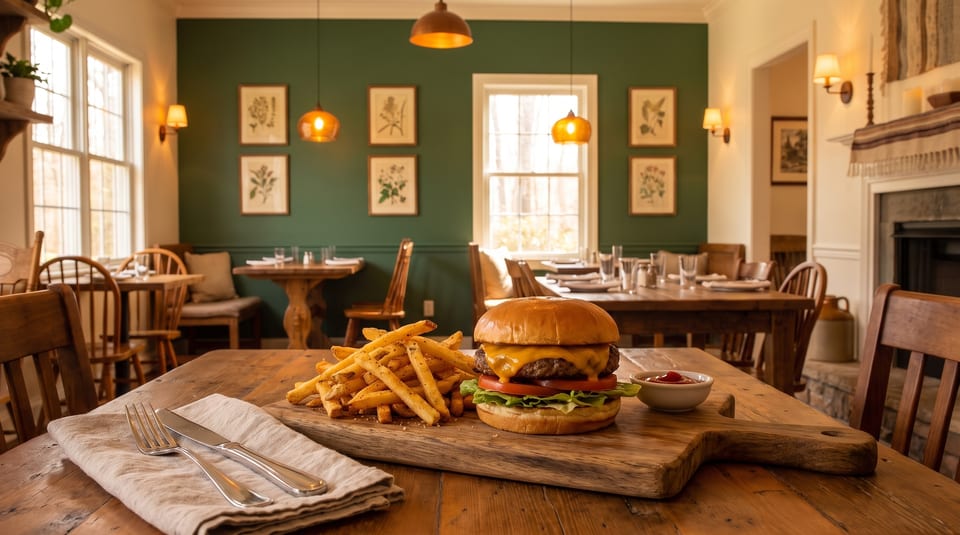 Cheeseburger and fries on a wooden board, with a rustic restaurant dining room in the background.