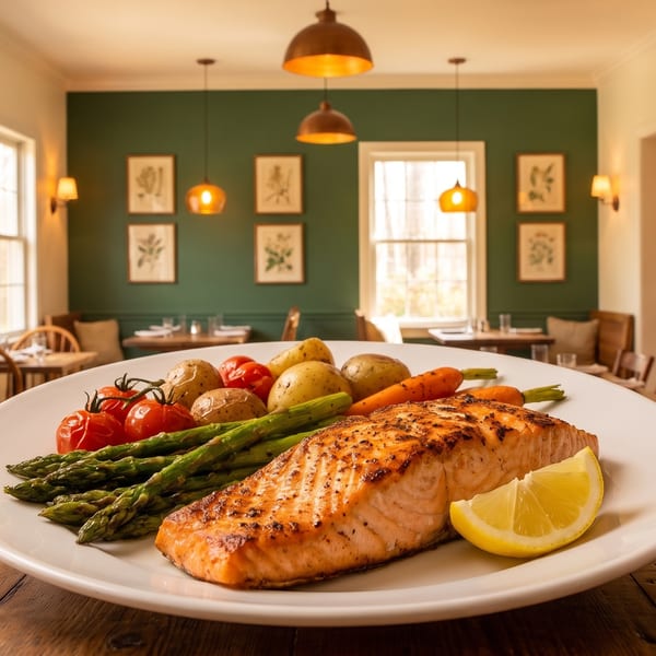 Grilled salmon with asparagus, roasted potatoes, and tomatoes on a white plate in a cozy restaurant.