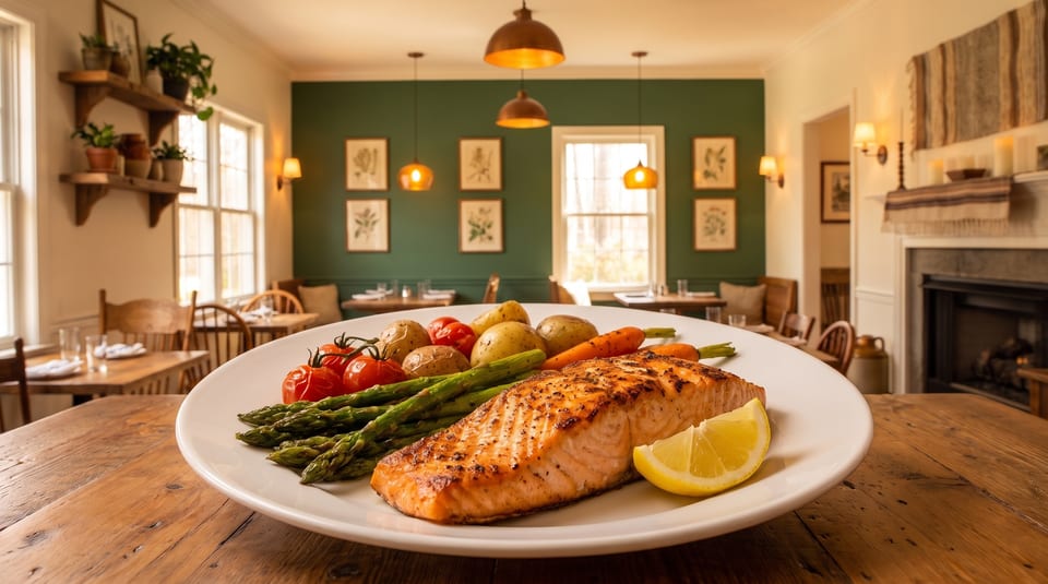 Grilled salmon with asparagus, roasted potatoes, and tomatoes on a white plate in a cozy restaurant.