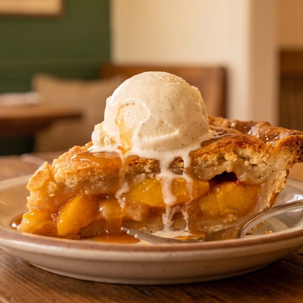 Slice of peach pie with melting vanilla ice cream and caramel drizzle on a rustic wooden table.
