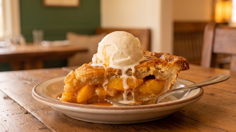 Slice of peach pie with melting vanilla ice cream and caramel drizzle on a rustic wooden table.