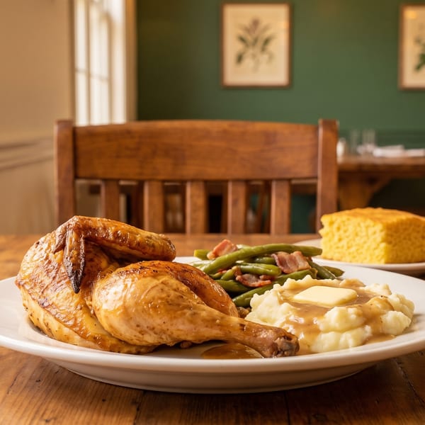 Roasted chicken, mashed potatoes, green beans, cornbread, and iced tea on a rustic wooden table.