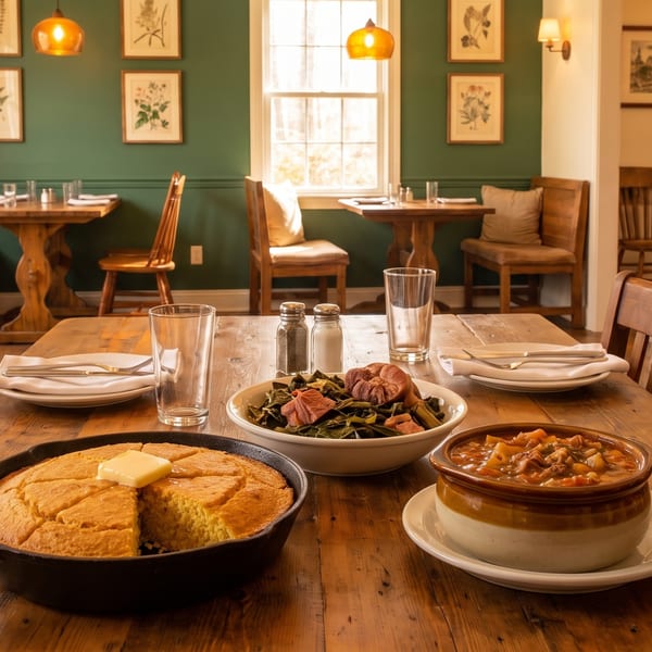 A rustic dining room with a wooden table set with cornbread, stew, and collard greens.