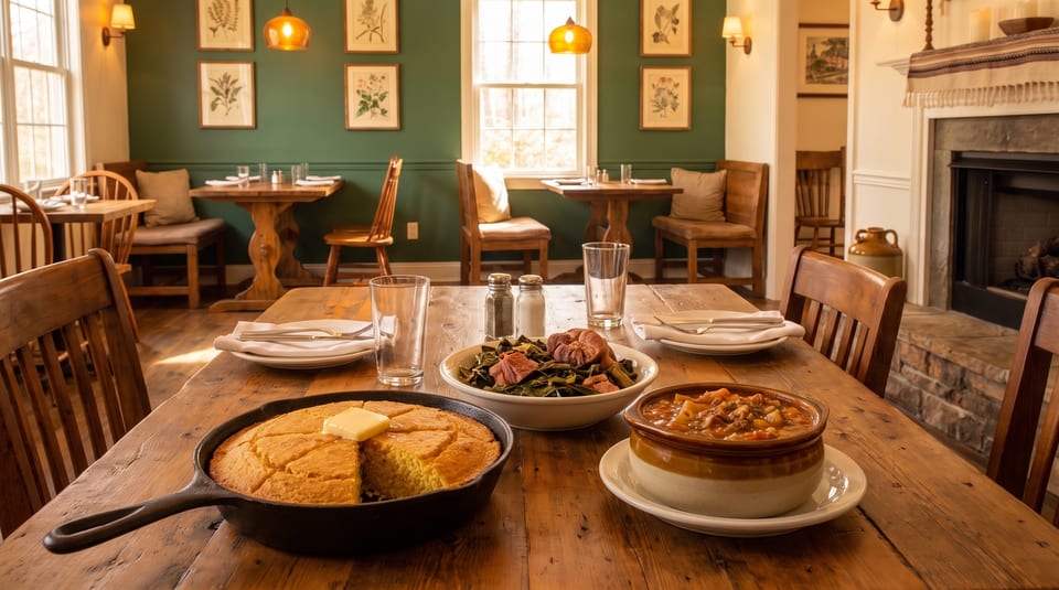 A rustic dining room with a wooden table set with cornbread, stew, and collard greens.