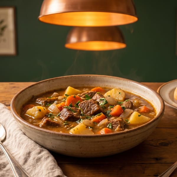 Steaming bowl of beef stew with potatoes, carrots, and onions, served with a bread roll.