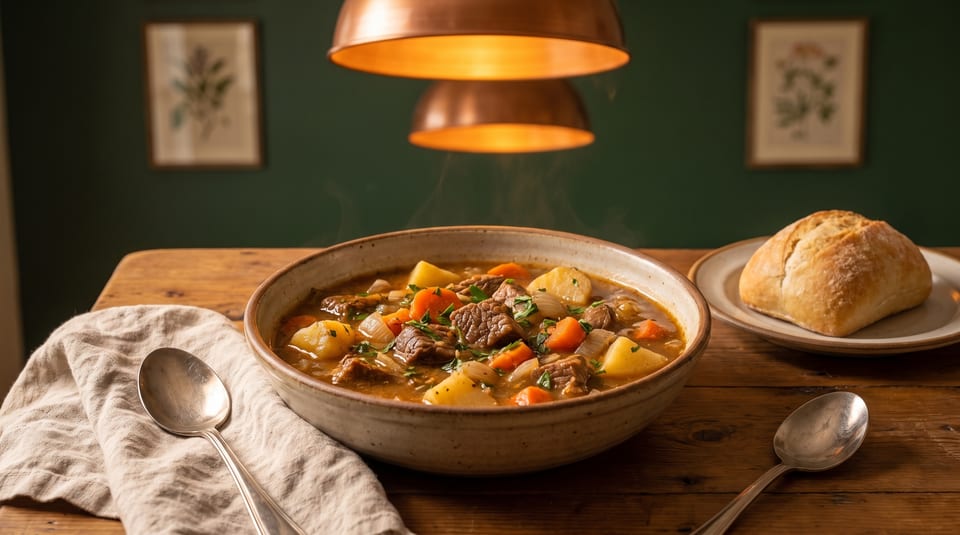 Steaming bowl of beef stew with potatoes, carrots, and onions, served with a bread roll.